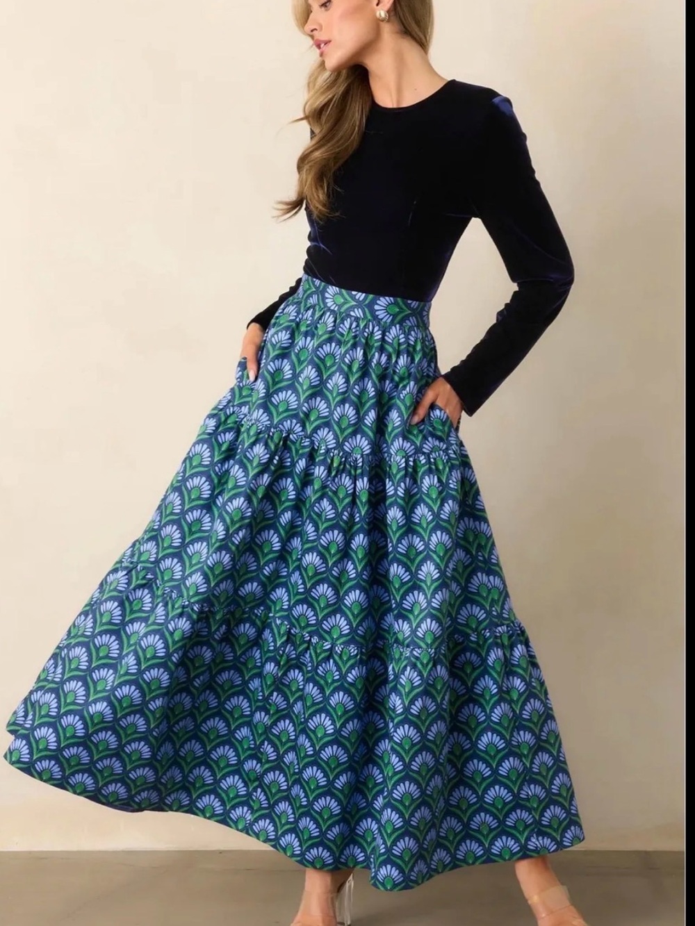 PROSPERINA FONTAINE BLUE GEOMETRIC PRINT COTTON MAXI DRESS